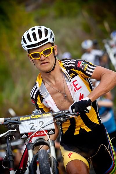 Racer leader Burry Stander makes his way through a deep river crossing