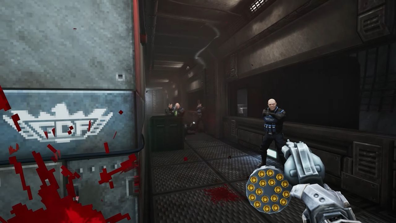 facing bad guys in a hall way, first person view reloading comically large revolver cylinder.