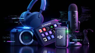 A selection of content creator gadgets against a black background with a purple hue