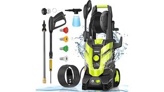 Papaco lime green pressure washer with attachments shown.