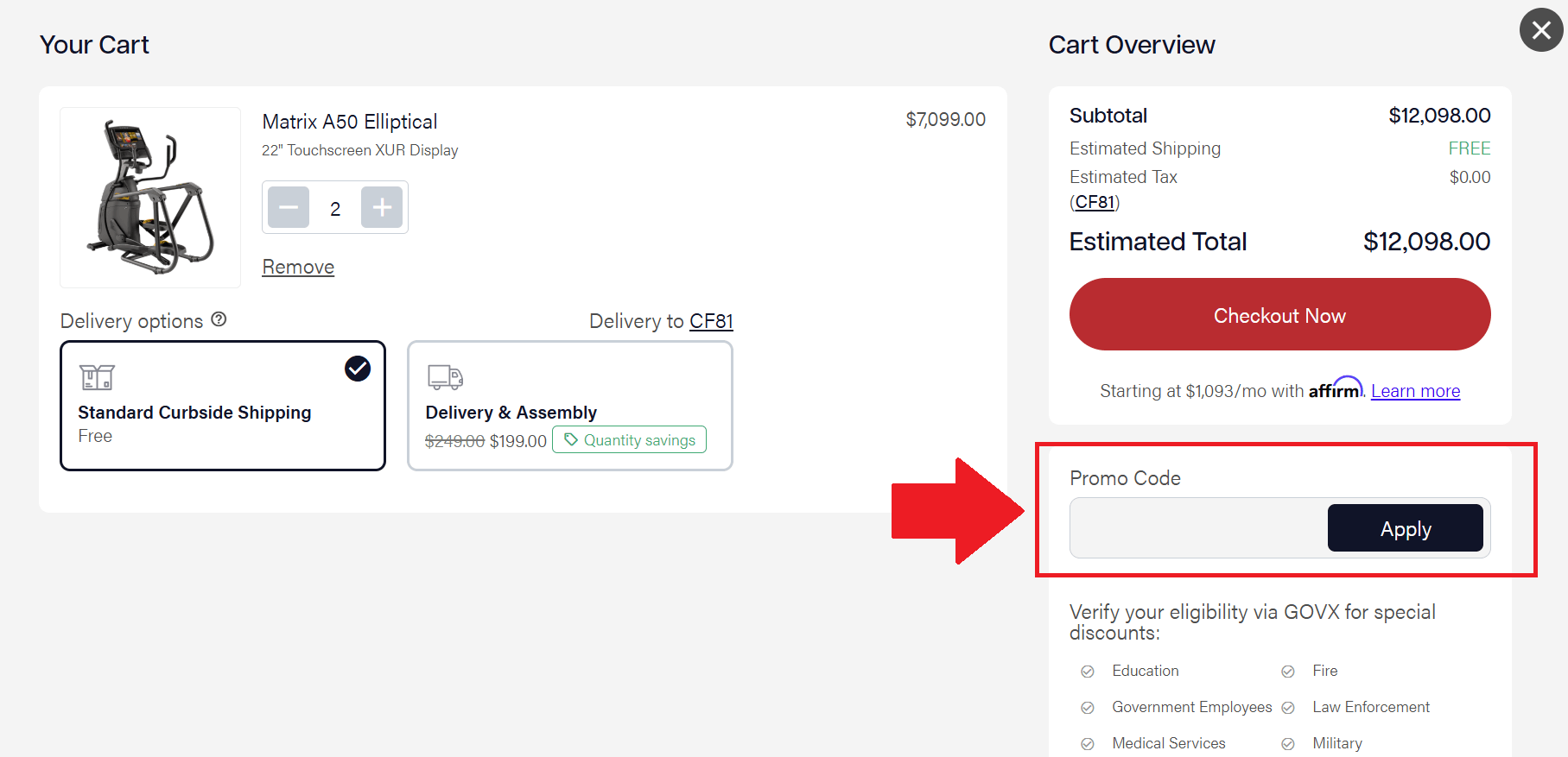 A screenshot showing the johnson fitness checkout page and where to enter your johnson fitness promo code