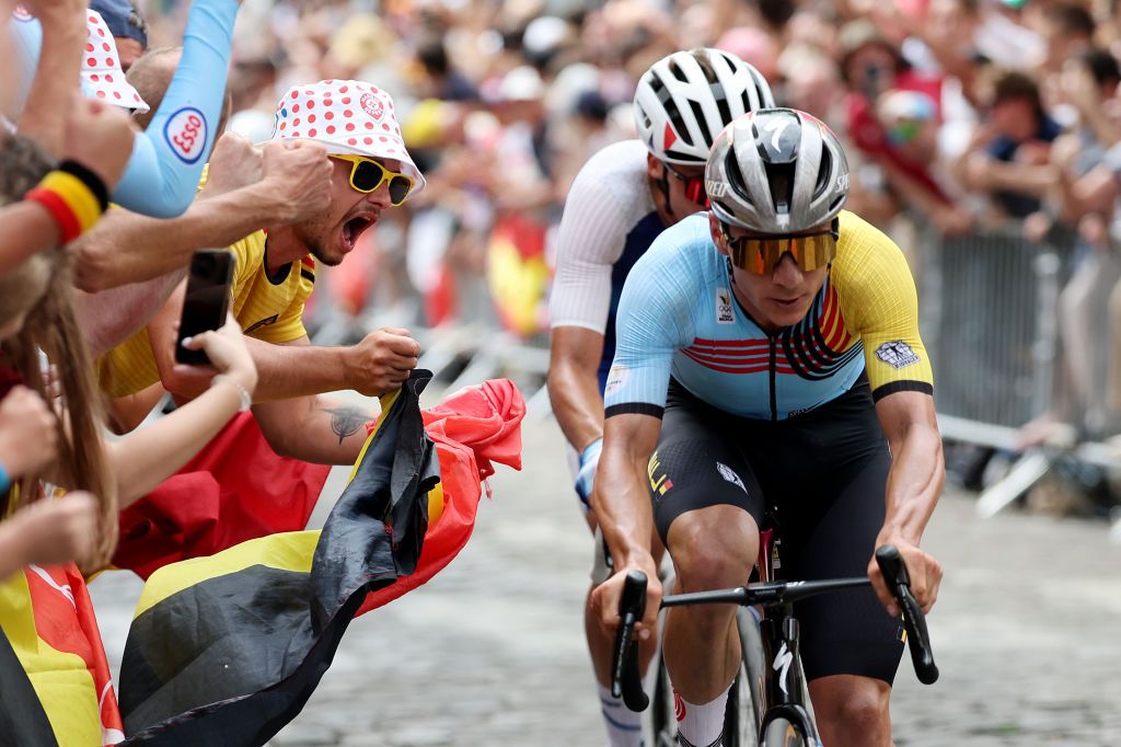 PARIS FRANCE AUGUST 03 Remco Evenepoel of Team Belgium competes in the breakaway passing through the Cote de la butte Montmartre during the Mens Road Race on day eight of the Olympic Games Paris 2024 at trocadero on August 03 2024 in Paris France Photo by Tim de WaeleGetty Images