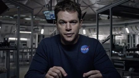 Dr. Mark Watney (Matt Damon) addresses his video log on The Martian.