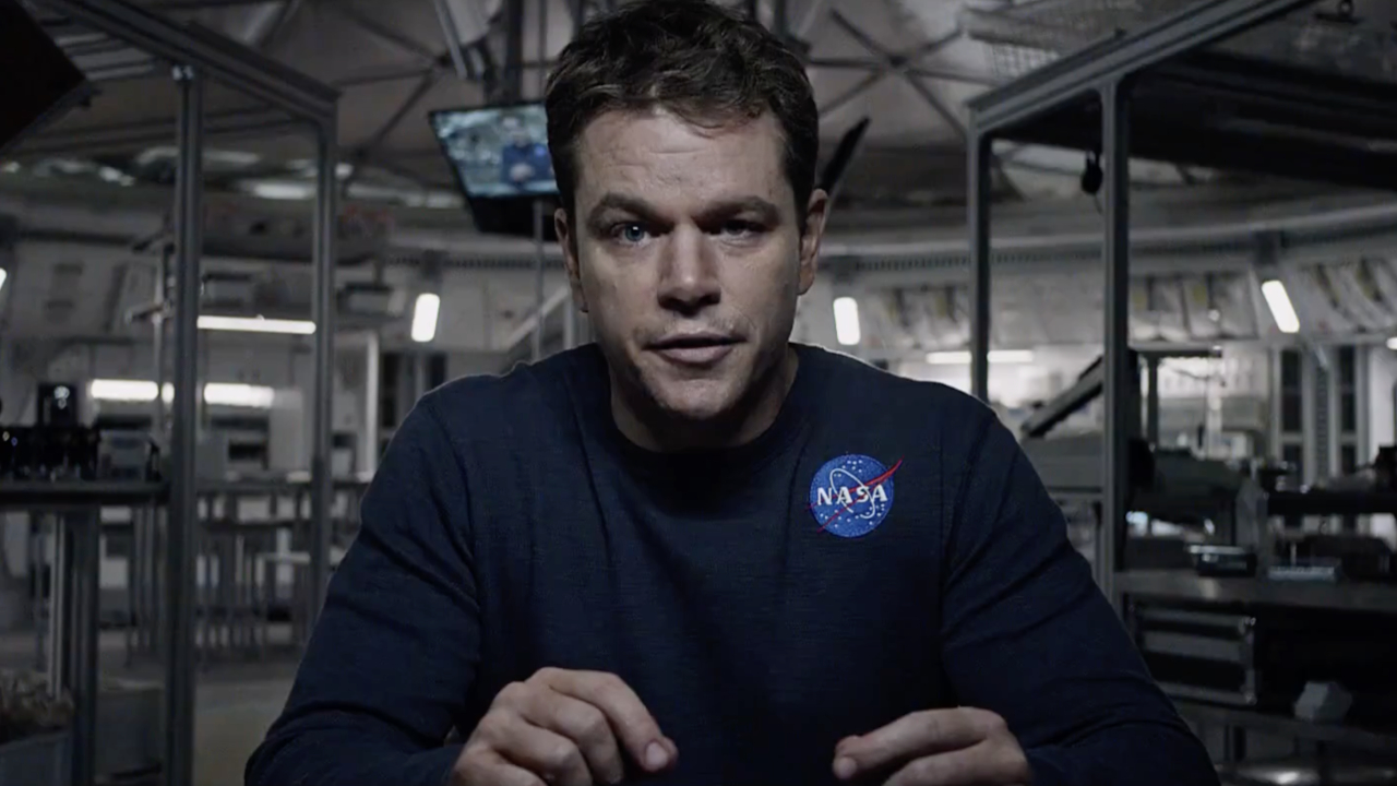 Dr. Mark Watney (Matt Damon) addresses his video log on The Martian.