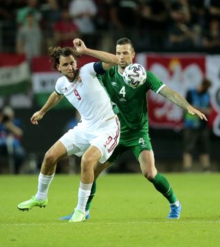 Hungary’s Adam Szalai (left) and Republic of Ireland’s Shane Duffy battle for the ball in Budapest