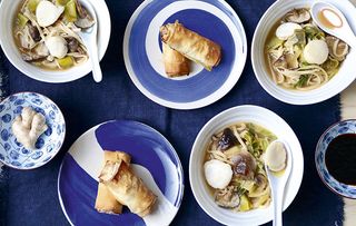 Scallop-and-leek ramen with spring rolls