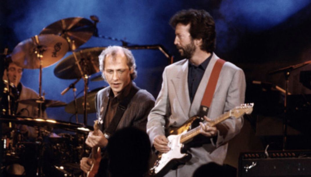 Mark Knopfler with Eric Clapton Playing Guitars 8x10 Picture Celebrity Print