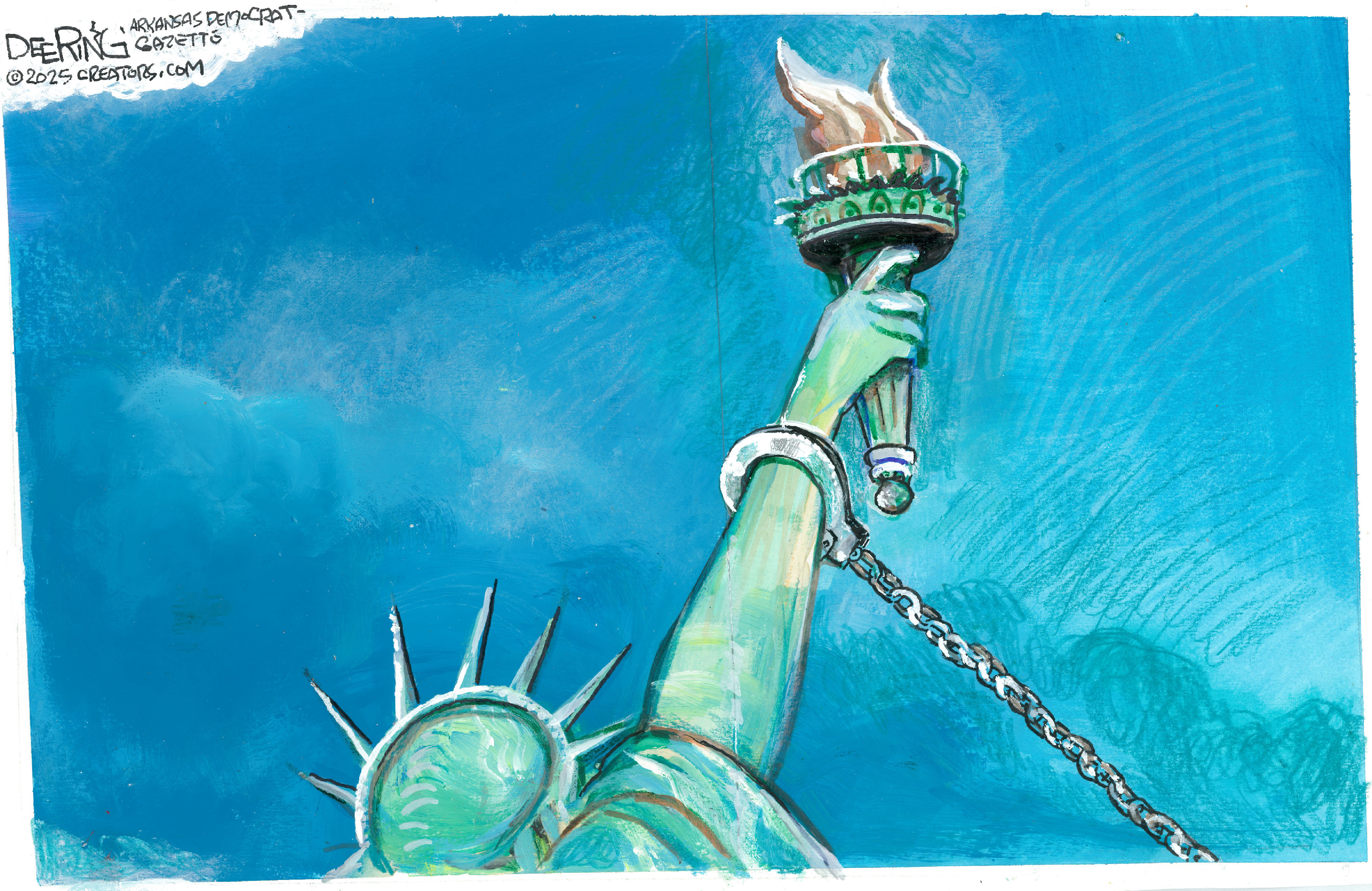 This editorial cartoon depicts the Statue of Liberty from the shoulders up. She holds up the torch of liberty but has a handcuff around her arm.