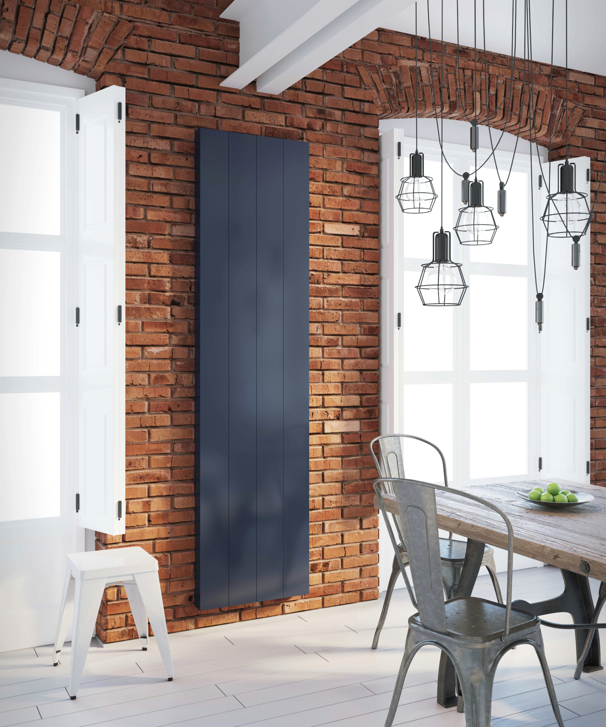 Electric radiator on a brick wall next to a table