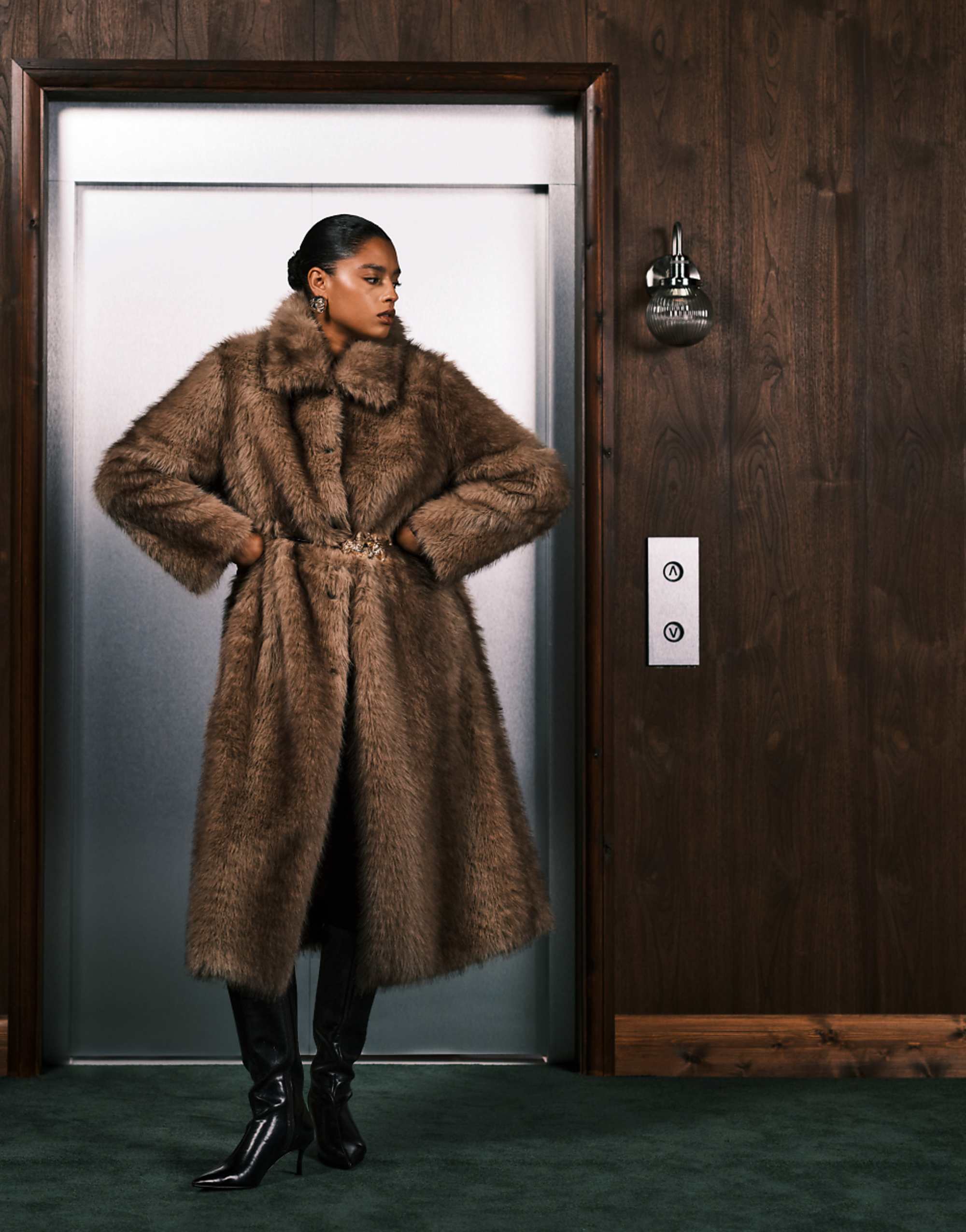 Asos Design Curve Longline Tipped Faux Fur Car Coat in Brown