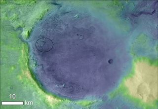 This elevation map of Jezero Crater on Mars shows the site in a rainbow of colors, with lighter colors representing higher elevation. This Martian crater is the chosen landing site for NASA’s Perseverance rover, previously known as the Mars 2020 rover, which is set to launch to the Red Planet this summer.