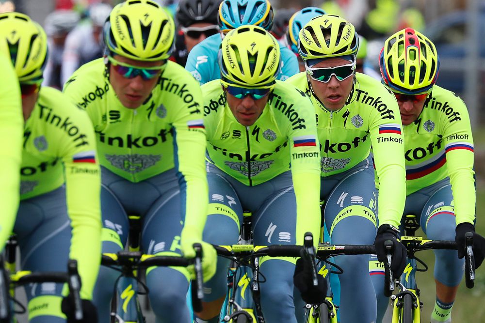Alberto Contador is surrounded by his Tinkoff team at Paris-Nice.