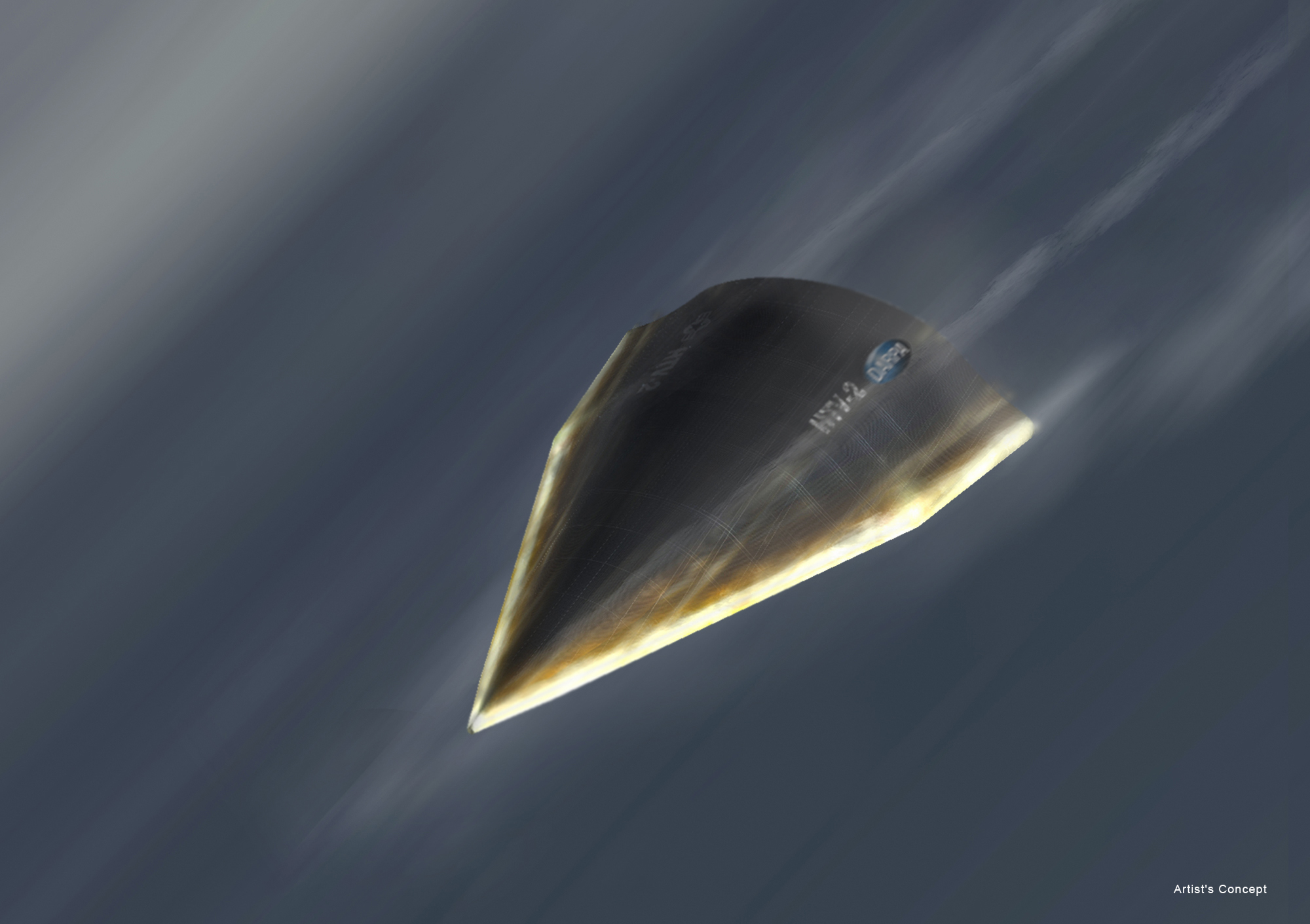 An artist&#039;s illustration of DARPA&#039;s Hypersonic Technology Vehicle 2 (HTV-2) travelling at 13,000 mph, or Mach 20, during its Aug. 11, 2011 test flight.