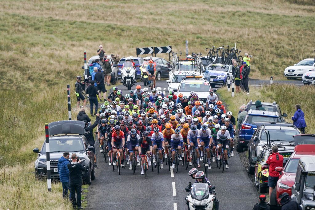 BARNARD CASTLE ENGLAND SEPTEMBER 06 The peloton climbs up Chapel Fell in Weardale during Stage 3 of the Tour of Britain on September 06 2022 in Barnard Castle England The Tour of Britain 2022 is taking place from September 4 through 11 The 1352km route will take the peloton all the way from Aberdeen in Scotland down through England before finishing on the Isle of Wight Photo by Ian ForsythGetty Images