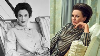 a black and white image of a woman (babe paley) wearing a buttoned coat next to a colored image of a woman (naomi watts as babe paley) wearing a striped dress