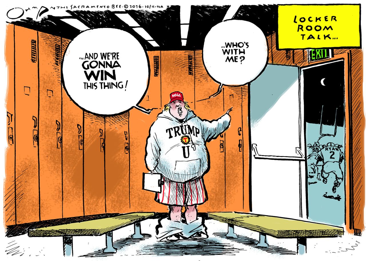 Editorial cartoon U.S. Trump University sports speech