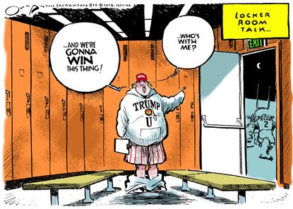 Editorial cartoon U.S. Trump University sports speech