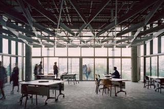 Interior study area with desks, chairs, and full-length windows