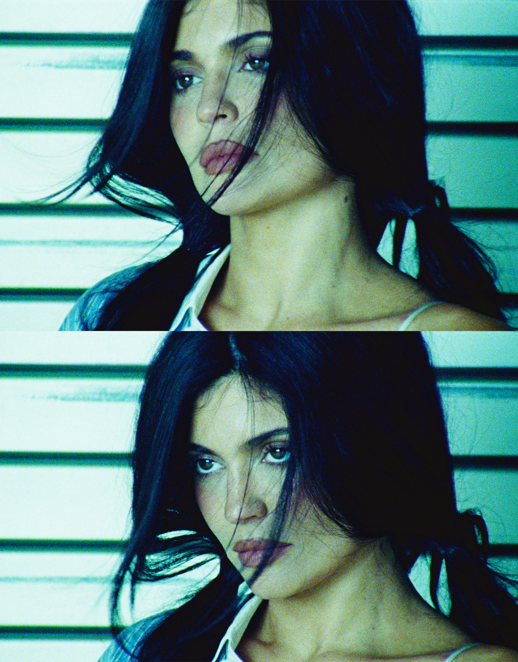 Close-up portraits of Kylie Jenner in pigtails.