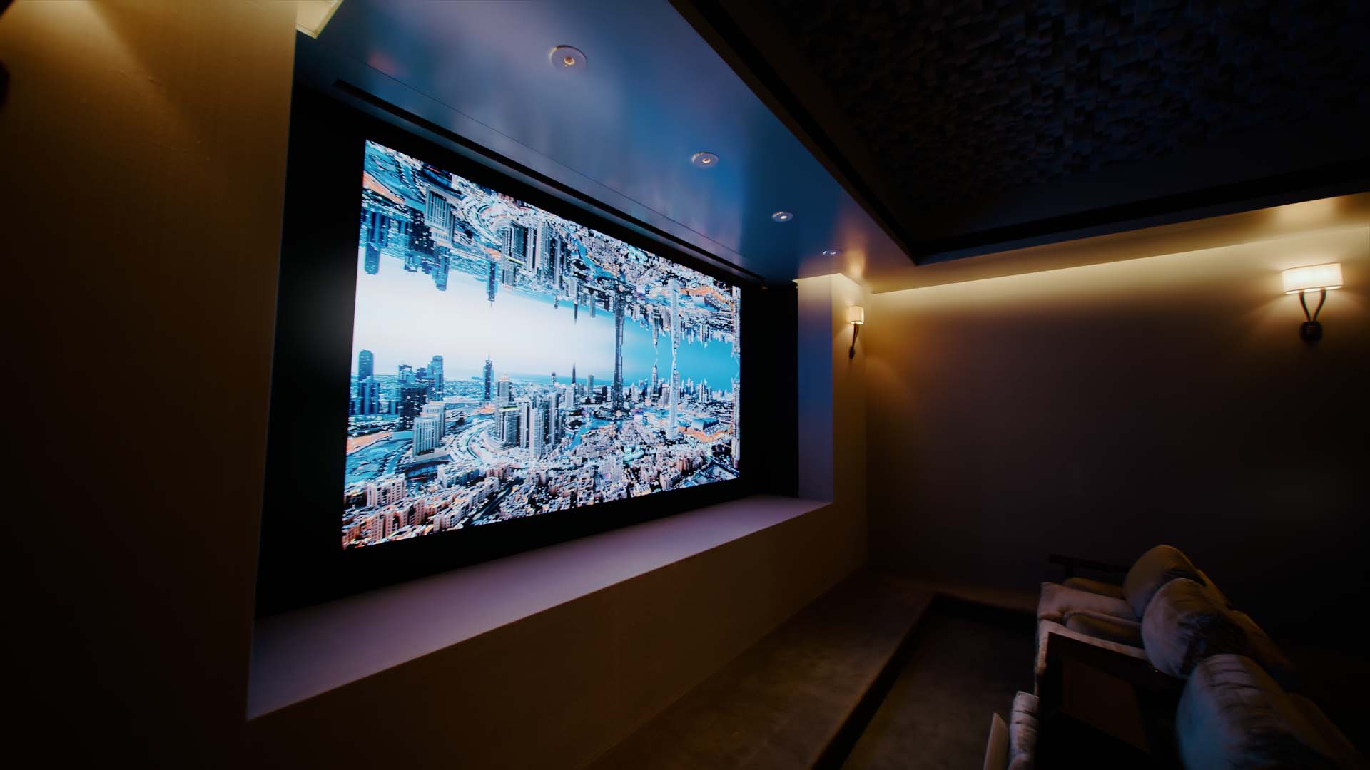 Samsung The Wall Micro-LED TV in a dark home theater set