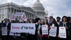 People gather for a press conference about their opposition to a TikTok ban on Capitol Hill in Washington, DC