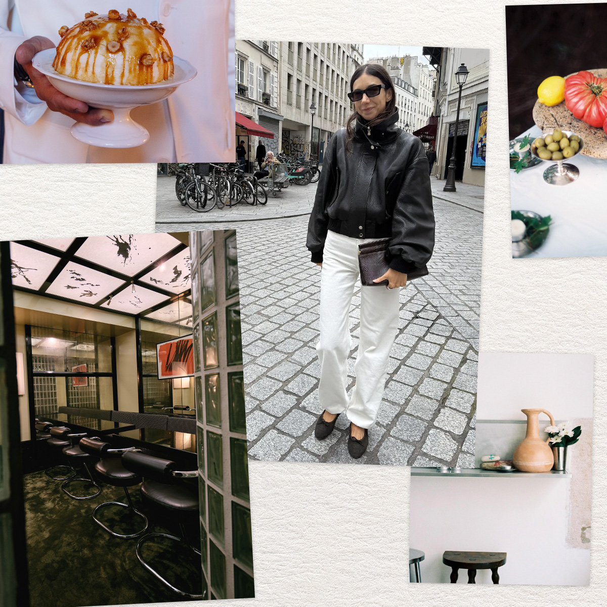 Collage of restaurants in Paris and Melanie Masarin standing in white jeans and a leather jacket