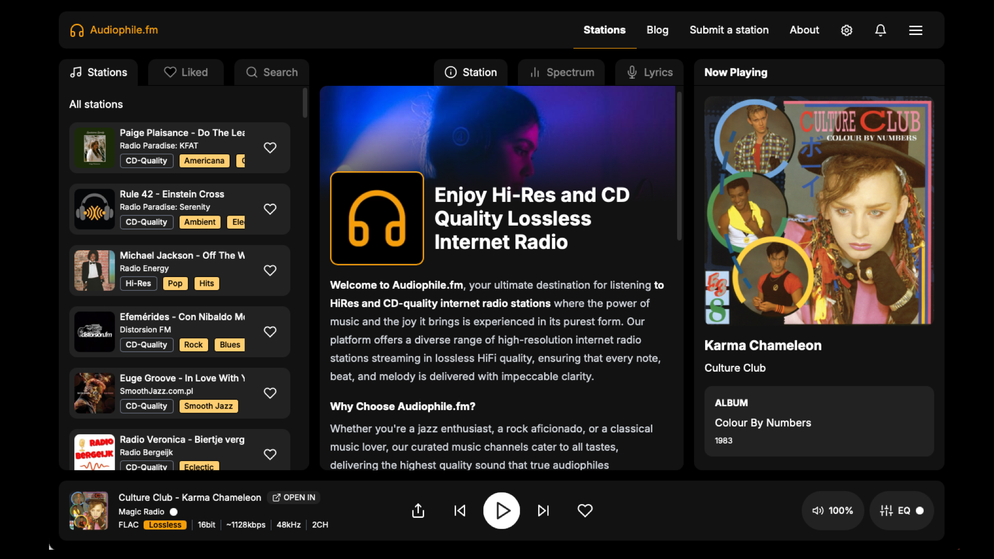A screenshot of the audiophile.fm web player
