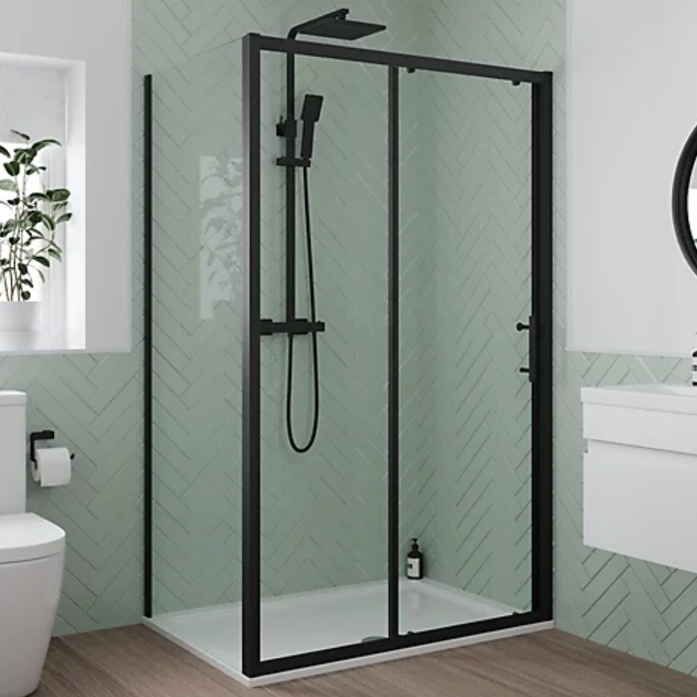 Affine 1000 x 900mm Sliding Shower Door Side Panel Enclosure 6mm Glass Black Framed