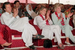 Diana, Princess of Wales with Imran and Jemima Khan during their visit to Imran Khan's cancer hospital in Lahore, Pakistan in April 1996
