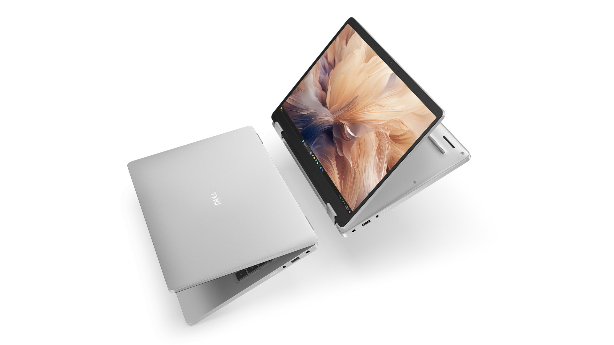Dell Pro convertible laptop in silver shown from above in two positions: with a nearly closed lid, and with the display flipped back in stand mode