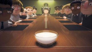 characters staring down a conference table at a bowl of white material in Love, Death and Robots
