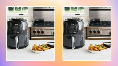 Ninja AF101 air fryer image repeated on ombre background