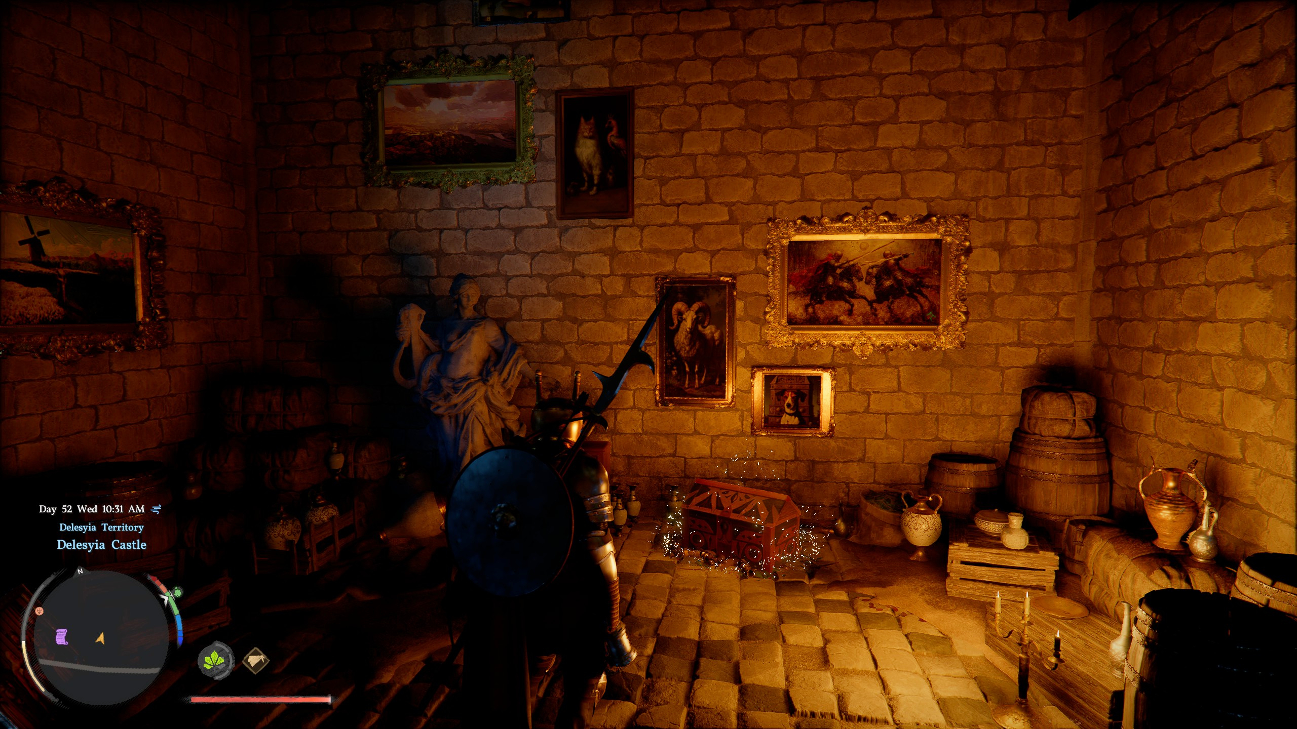 Crimson Desert Treasure Map 7: A player looking at the hidden treasure inside a dark vault.