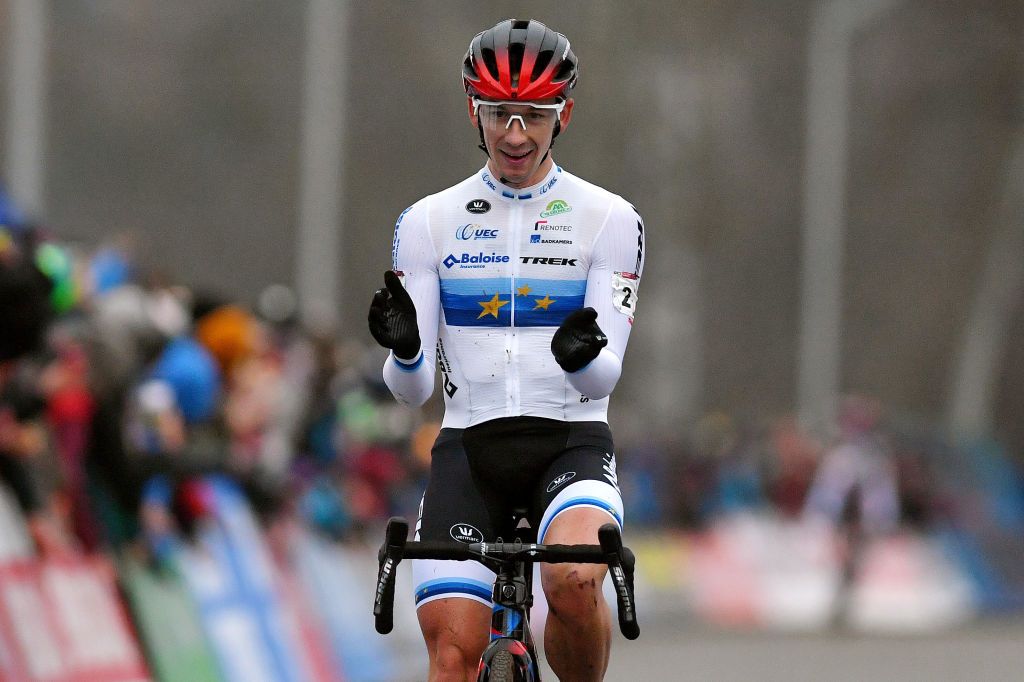 TABOR CZECH REPUBLIC NOVEMBER 14 Lars Van Der Haar of Netherlands and Team Baloise Trek Lions celebrates winning during the 25th Tabor UCI CycloCross Worldcup 2021 Mens Elite CXWorldCup on November 14 2021 in Tabor Czech Republic Photo by Luc ClaessenGetty Images