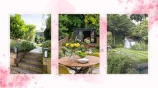 compilation image of three gardens with example of budget garden ideas to transform a space without overwhelming cost