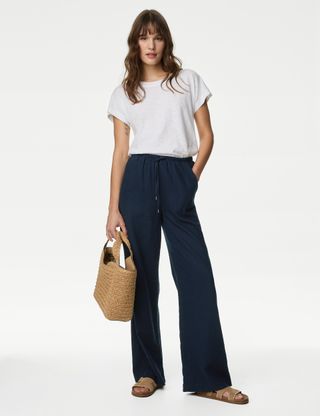 Linen Blend Wide Leg Trousers