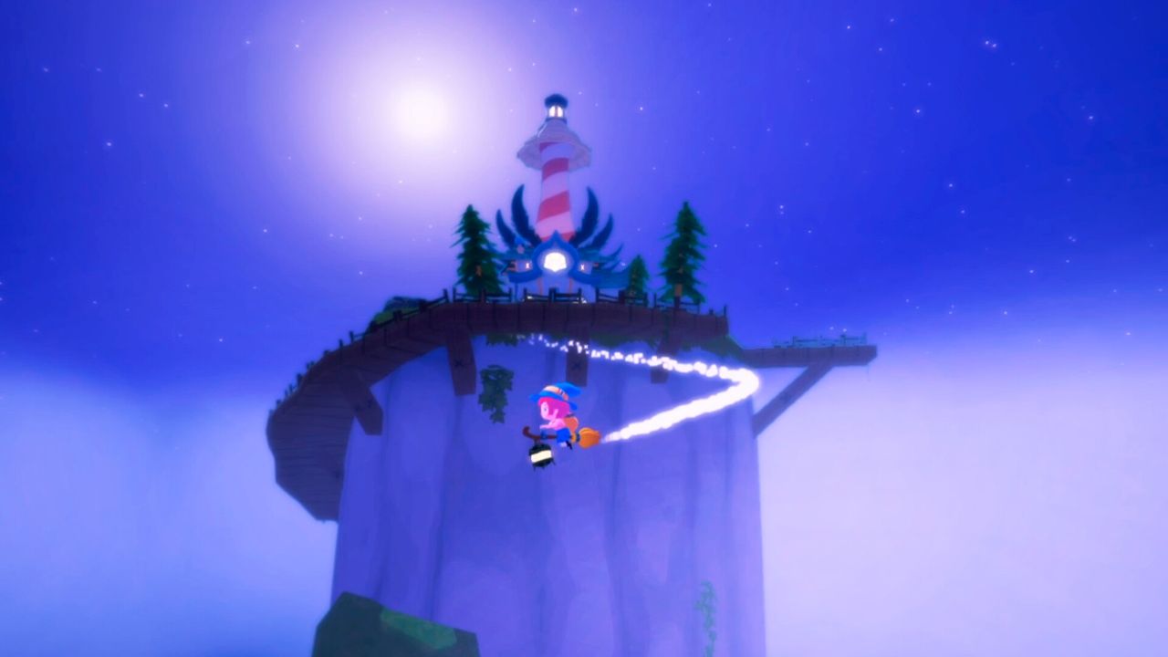 Mika flying near the top of the mountain at night