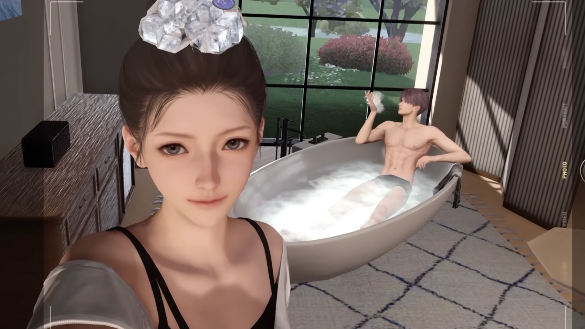 A screenshot shows a Love and Deepspace main character taking a selfie with Rafayel as he sits in the bathtub