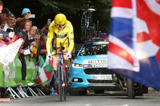 Geraint Thomas (Team Sky) racing the stage 20 time trial at the Tour de France