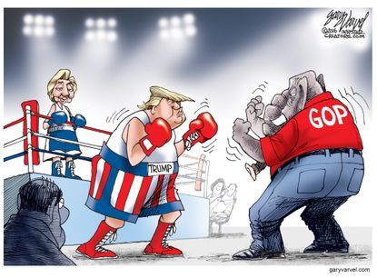 Political cartoon U.S. 2016 election Donald Trump GOP