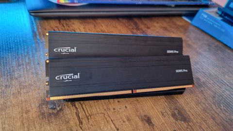 Crucial DDR5 Pro facing the camera on a stand, showing the small Crucial branding