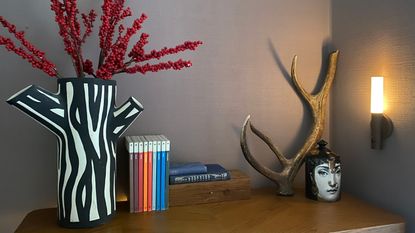 lit wall light on a wall beside a shelf with a decorative pot, deer antler, colourful books and a vase with red berries