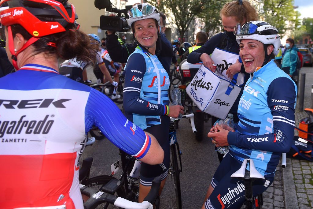 WEIMAR GERMANY MAY 29 Elisabeth DeignanArmitstead of United Kingdom and Trek Segafredo Lucinda Brand of Netherlands and Trek Segafredo yellow leader jersey celebrates at arrival during the 34th Internationale LOTTO Thringen Ladies Tour 2021 Stage 5 a 1433km stage from Weimar to Weimar ltlt2021 lottothueringenladiestour womencycling on May 29 2021 in Weimar Germany Photo by Luc ClaessenGetty Images