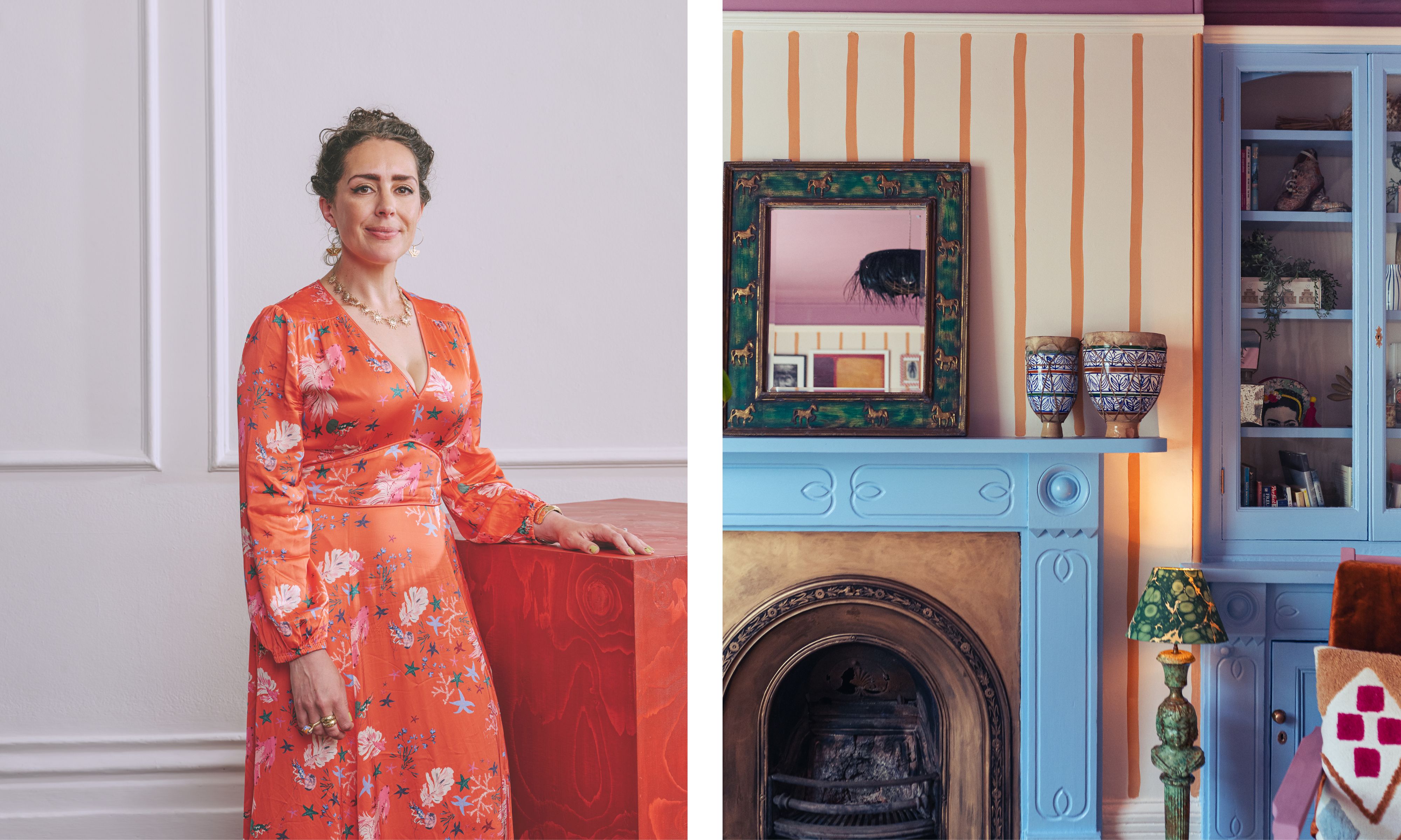 two shots next to each other - Abbie Downey looks to camera, a blue fireplace in front of a striped wall
