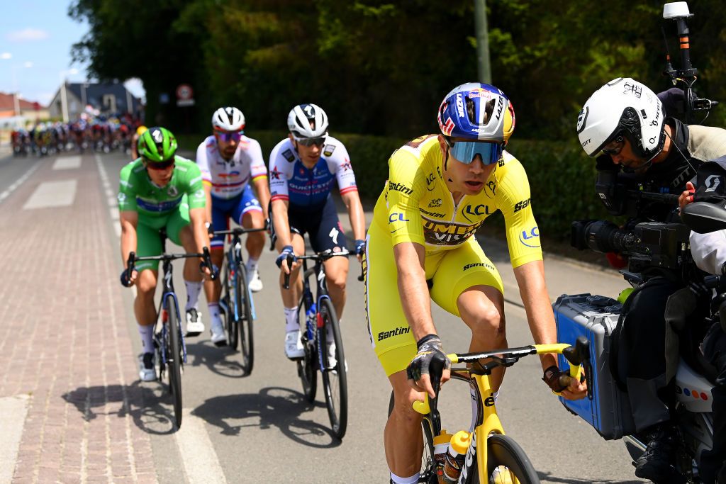 CALAIS FRANCE JULY 05 Wout Van Aert of Belgium and Team Jumbo Visma Yellow Leader Jersey competes during the 109th Tour de France 2022 Stage 4 a 1715km stage from Dunkerque to Calais TDF2022 WorldTour on July 05 2022 in Calais France Photo by Tim de WaeleGetty Images