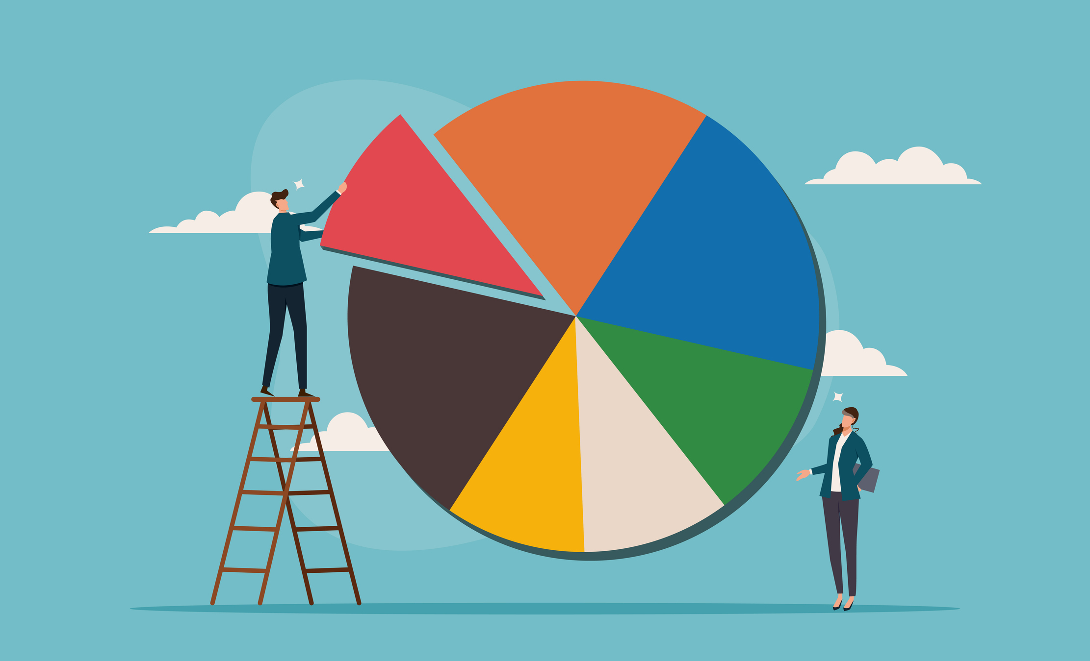 asset allocation and adjustment strategies, with business people, investors or financial planners constructing pie charts on ladders to rebalance portfolios according to risk levels and potential