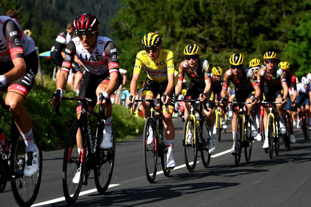 CHTEL LES PORTES DU SOLEIL FRANCE JULY 10 Tadej Pogacar of Slovenia and UAE Team Emirates Yellow Leader Jersey competes passing through Pas de Morgins 1376m during the 109th Tour de France 2022 Stage 9 a 1929km stage from Aigle to Chtel les portes du Soleil 1299m TDF2022 WorldTour on July 10 2022 in Chtel les portes du Soleil France Photo by Alex BroadwayGetty Images