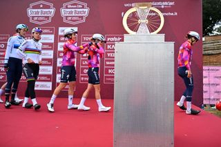 The riders prepare for the start of Strade Bianche 2024