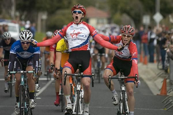 Scott Law (Virgin Blue/RBS Morgan) from New South Wales takes out stage four in Newborough, much to the delight of teammate Patrick Shaw (right).