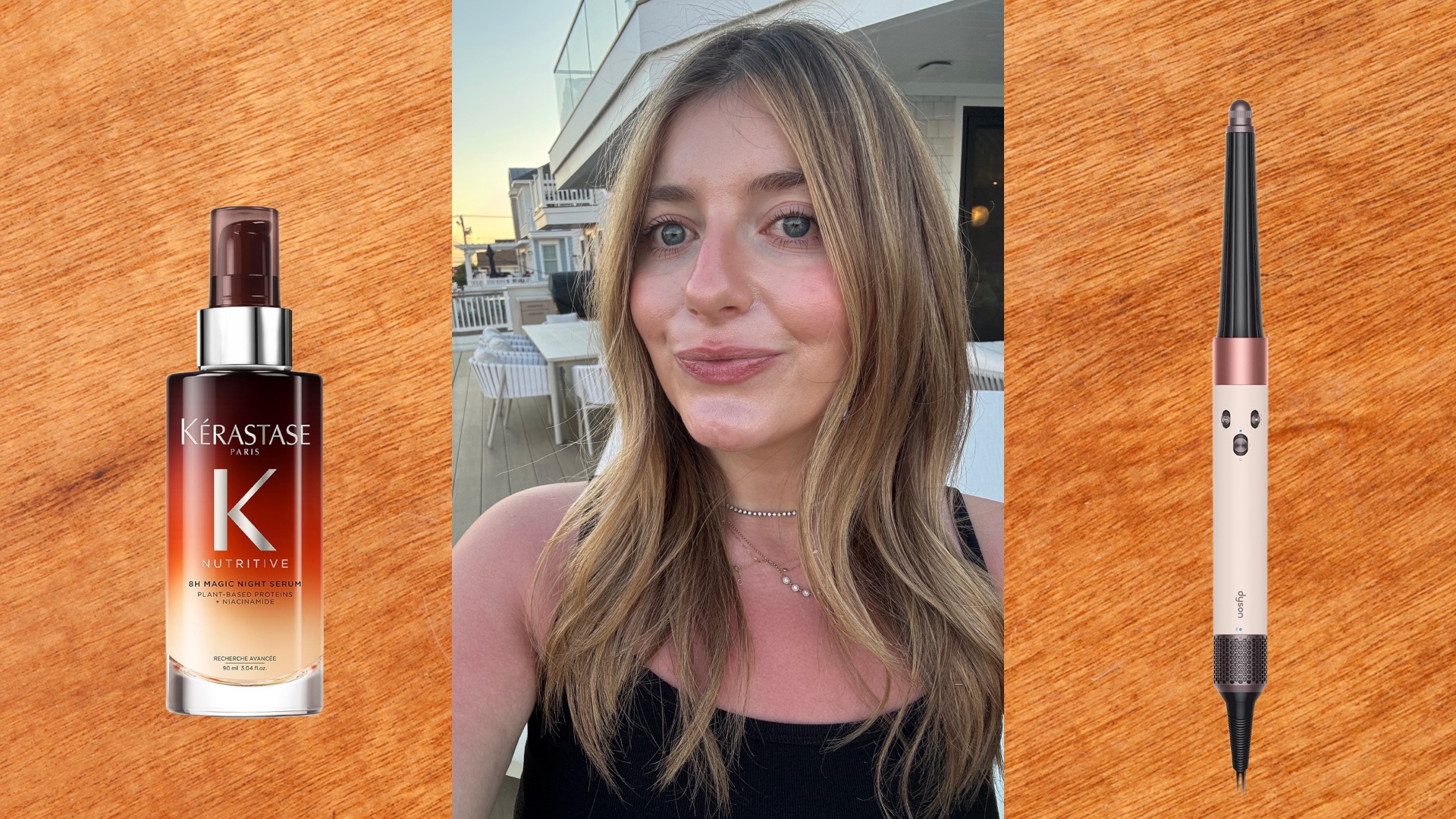 brown wood background with two hair products, a serum and a multi styler, and a girl wiht blonde hair in a black tank top